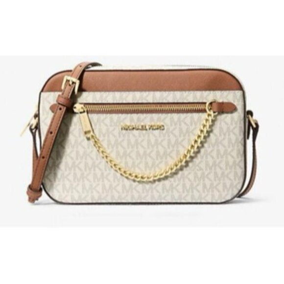 Michael Kors Logo Womens Vanilla Brown Jet Set Large Logo Crossbody Bag New - Picture 1 of 8